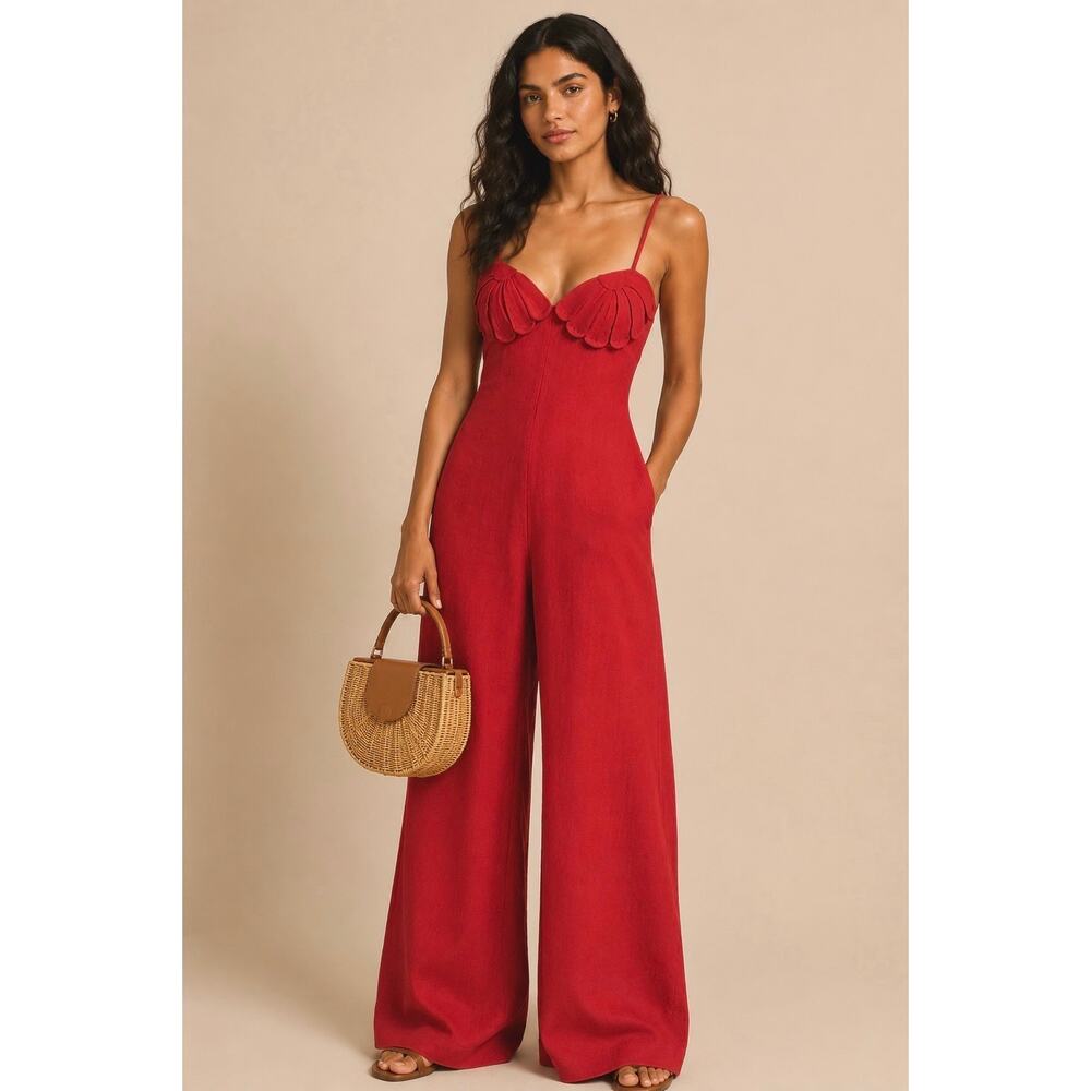 FARM Rio Red Petals Cup Linen Jumpsuit size Small Appliqué Flower NWT